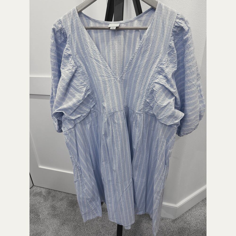 Curvy Plus XXL Dolman Sleeve Oversized Crisp Textured Dress Blue White Stripe